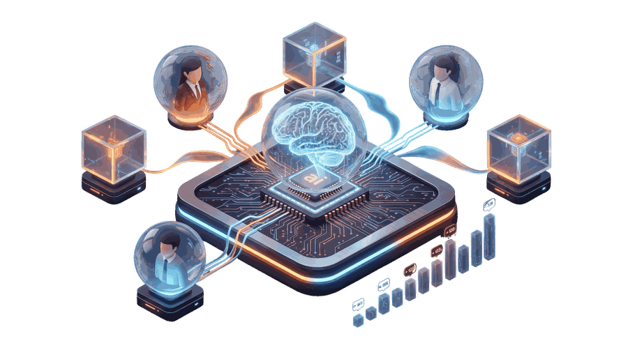 Isometric illustration of an AI-powered people excellence platform
