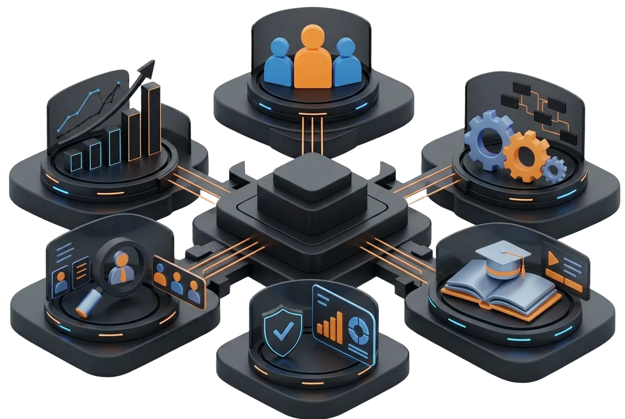 Connected network linking practitioners, business functions and practical solutions around a central platform